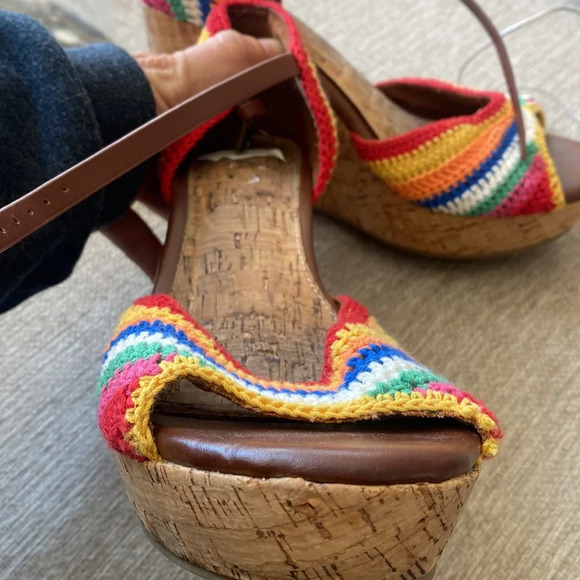 MIA Rainbow Crochet Wedge Sandals Platform Cork Heel Ankle Strap Pride B… - Picture 8 of 10